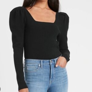 Elegant Black Square-Neck Puff-Sleeve Sweater Top| Banana Republic